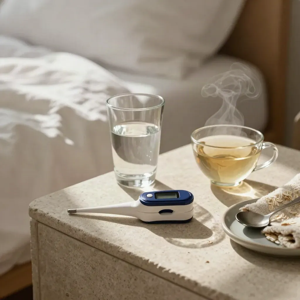 Kit guida ai sintomi sul comodino con termometro, saturimetro, acqua e tisana fumante.