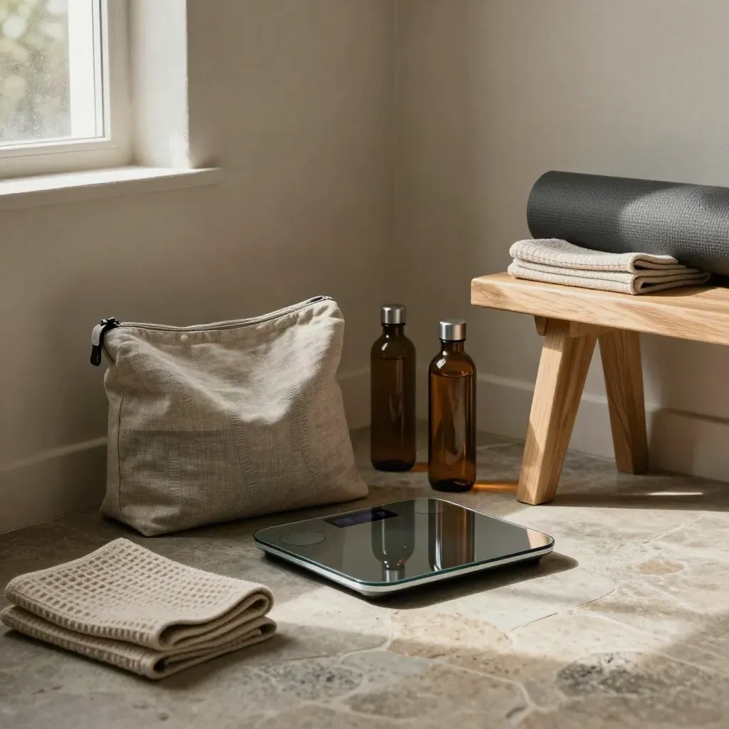 Angolo benessere domestico con bilancia smart, due kit coordinati, borracce e tappetino arrotolato.