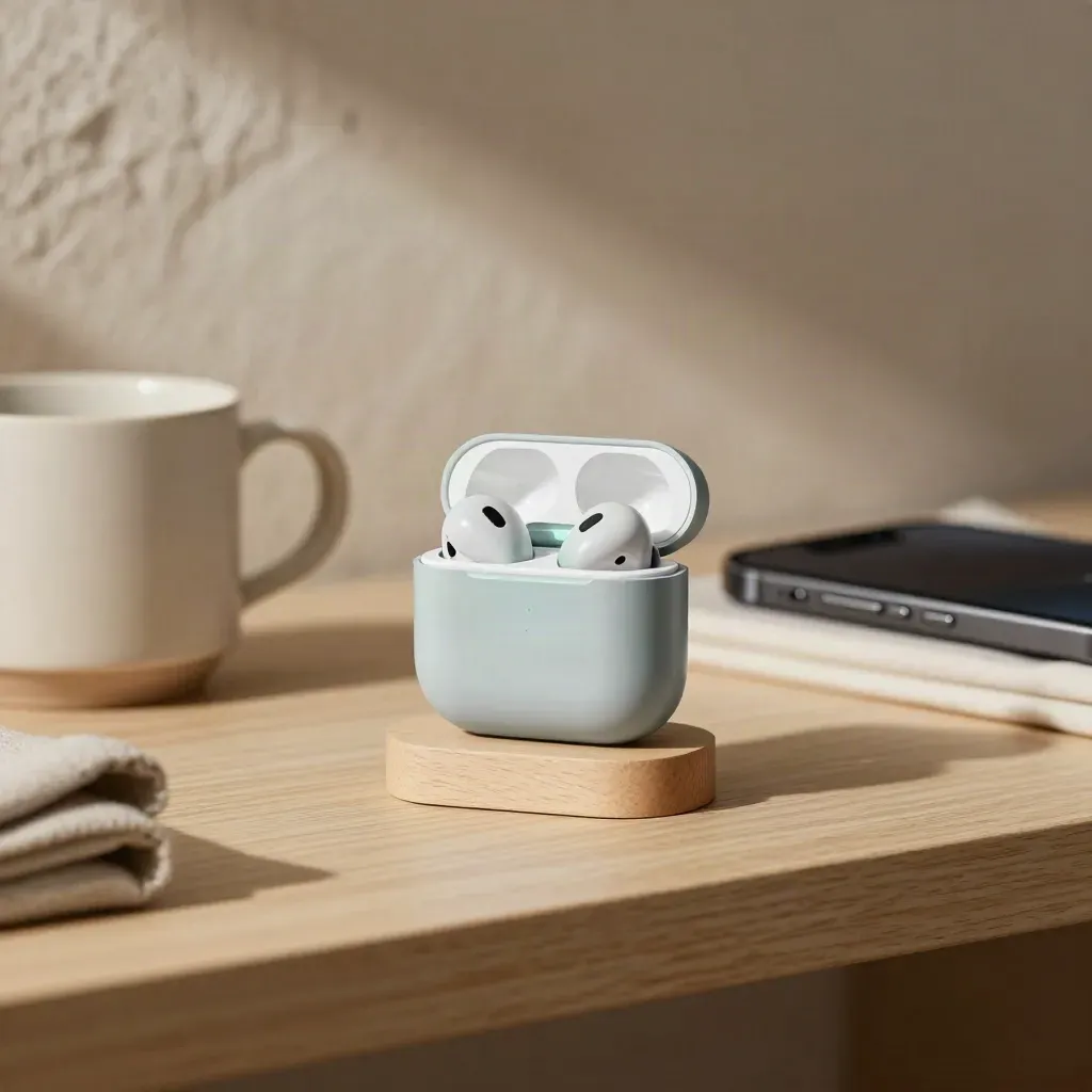 Auricolari wireless su base di ricarica con telefono spento e tazza, su ripiano in legno chiaro.