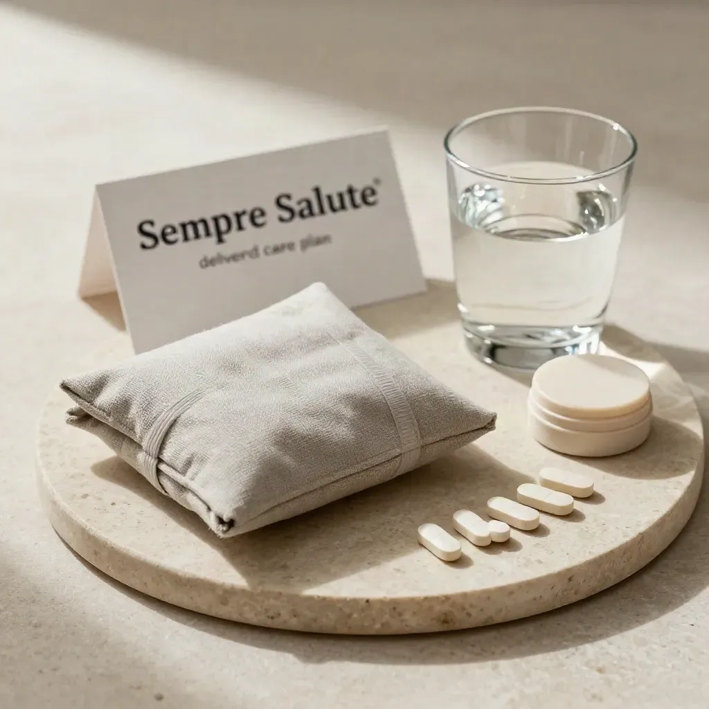 Vassoio in pietra con kit piegato, portacapsule, bicchiere d’acqua e fascia elastica in luce morbida