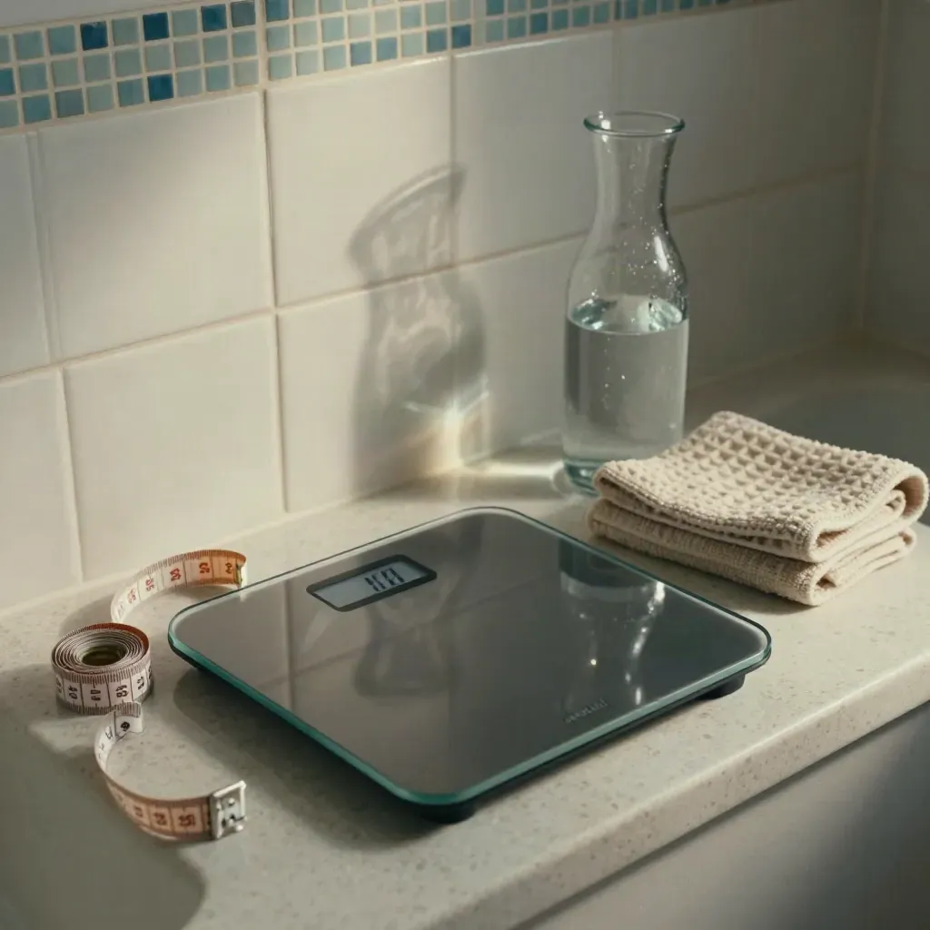 Bilancia smart, asciugamano piegato, caraffa d’acqua e metro morbido in bagno luminoso.
